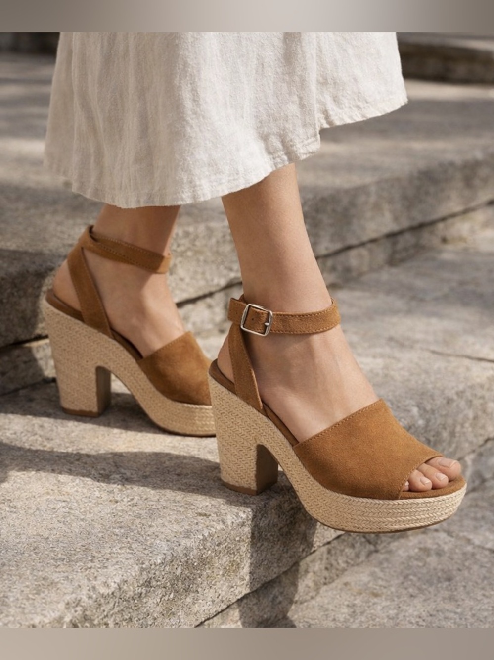 Sun + Stone Brown Suede Ankle-Strap Wedge Sandals